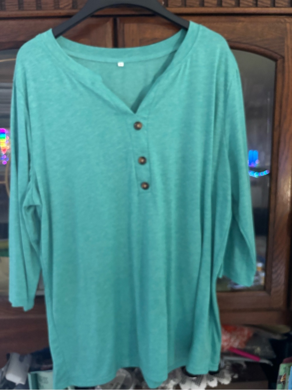 Relaxed Teal Henley Long-Sleeve Top